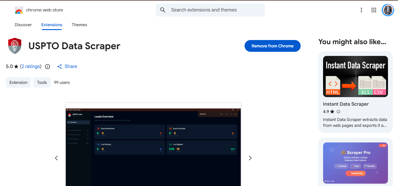 USPTO Data Scraper screenshot
